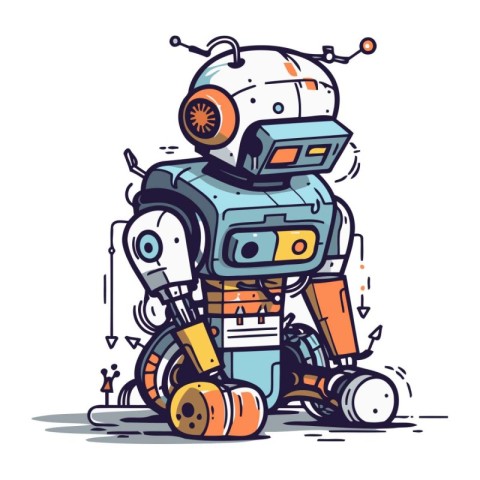 Robot with wheels. Vector illustration of a cartoon robot with w