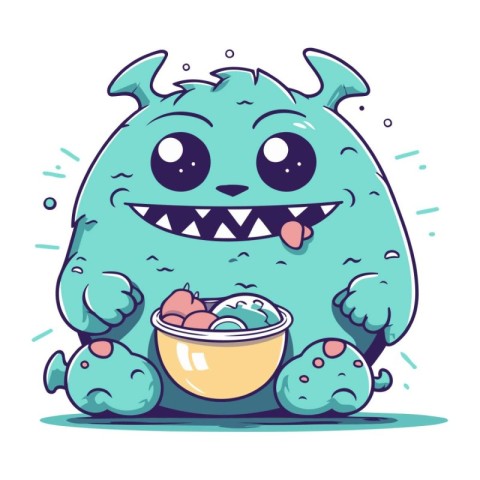 Cute monster with a bowl of candies. Vector illustration.