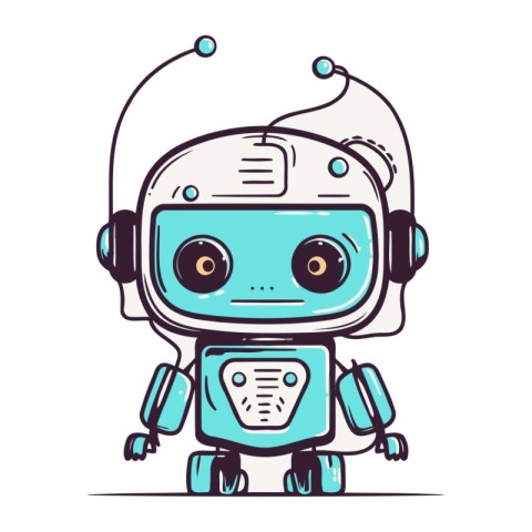 Cute little robot with headphones. Vector illustration in cartoo