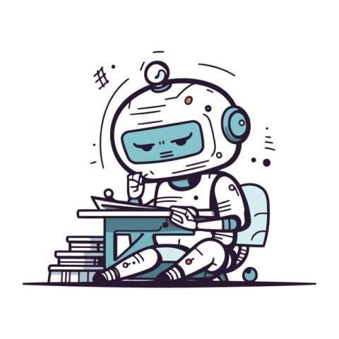 Vector illustration of a cute robot sitting on a table with book