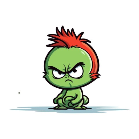 Angry cartoon green alien with red hair. Vector illustration iso