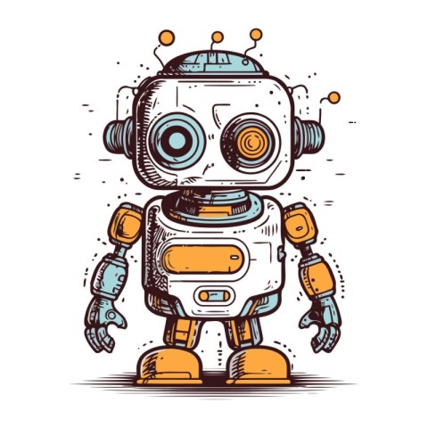 Cartoon robot. Hand drawn vector illustration. Doodle style. Vec