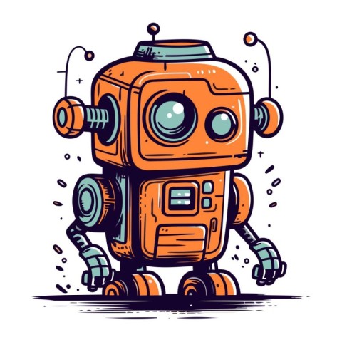 Retro robot. Hand drawn vector illustration. Isolated on white b