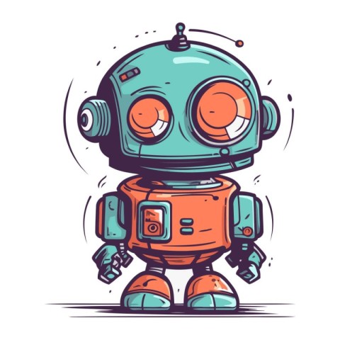 Cute cartoon robot. Hand drawn vector illustration. Doodle style