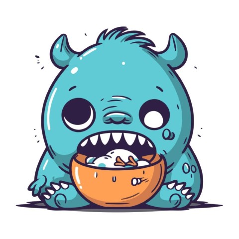 Cute cartoon monster eating a bowl of food. Vector illustration.