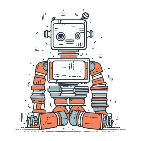 Retro robot. Hand drawn vector illustration in line art style.