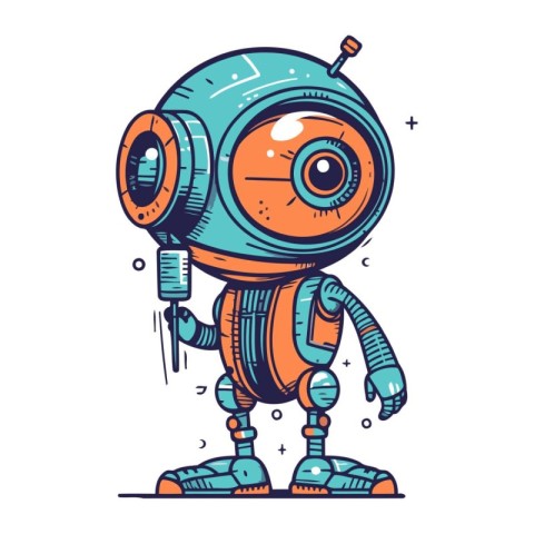 Cute cartoon robot. Hand drawn vector illustration isolated on w