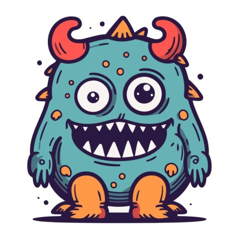 Funny cartoon monster with horns and big teeth. Vector illustrat