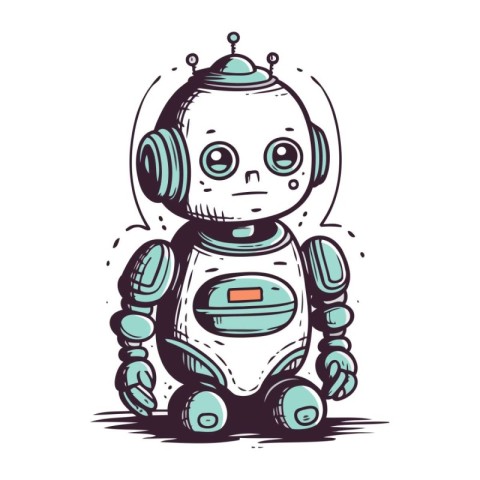 Cute little robot. Hand drawn vector illustration in cartoon sty