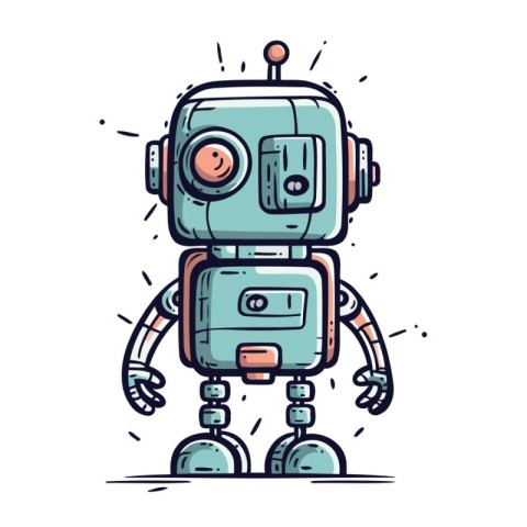 Cute robot hand drawn vector illustration. Cartoon style. Isolat