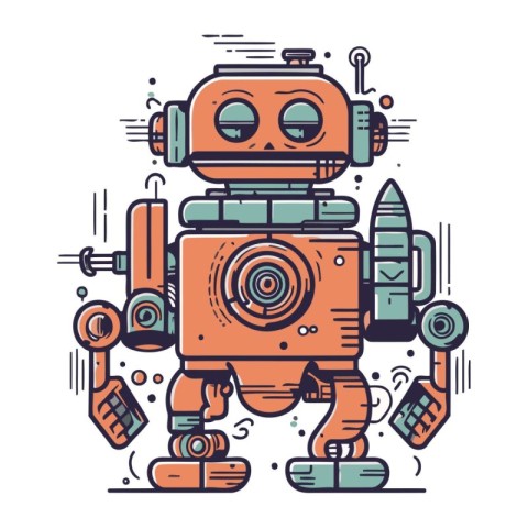 Retro robot in line art style. Vector illustration. Robot icon.