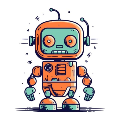 Cute robot cartoon vector illustration. Hand drawn retro robot i