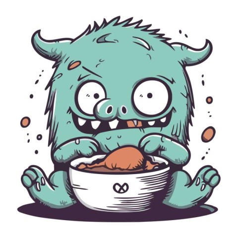 Funny cartoon monster with a bowl of food. Vector illustration.