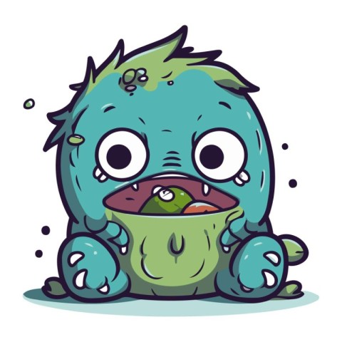 Cute cartoon monster with a bowl of soup. Vector illustration.