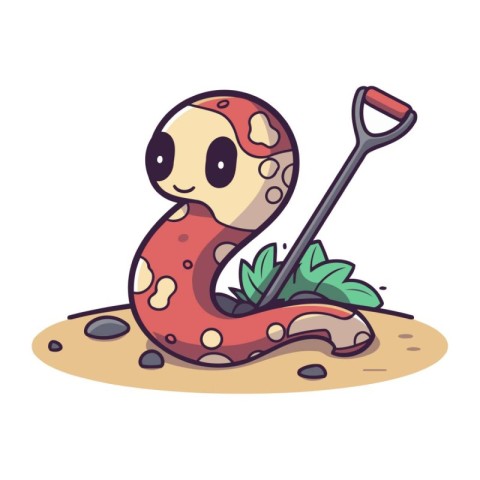 Illustration of a cute cartoon octopus with a shovel on the sand