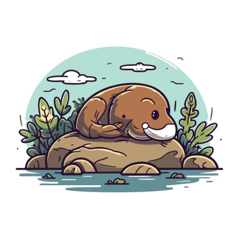 Cute cartoon hippopotamus on the rock. Vector illustration.