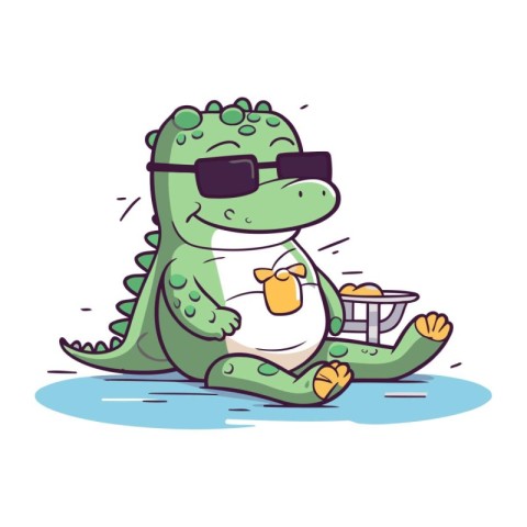 Cute crocodile in sunglasses sitting on the ground. Vector illus