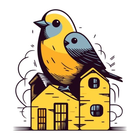 Bullfinch in front of a house. Vector illustration in cartoon st