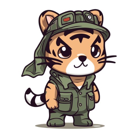 Tiger in green military uniform and hat. Cartoon vector illustra