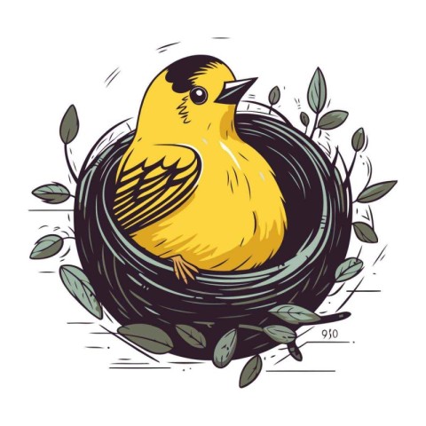 Vector illustration of a bird in a nest on a white background.