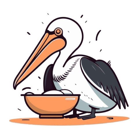 Pelican eating from bowl. Vector illustration in cartoon style.