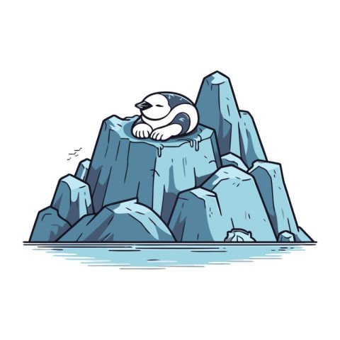 Vector illustration of a cute penguin sitting on a rock on the s