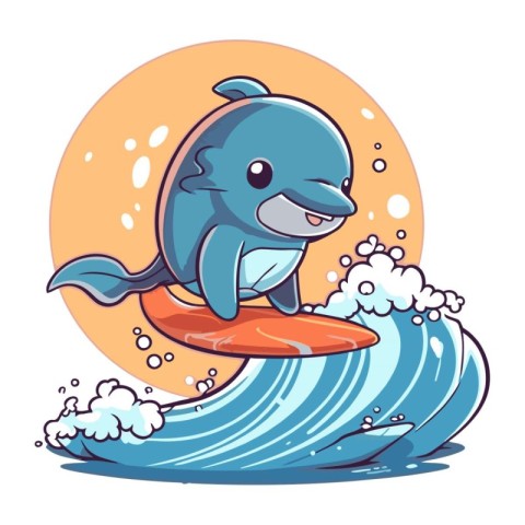 Cartoon dolphin on surfboard. Vector illustration of a cute cart