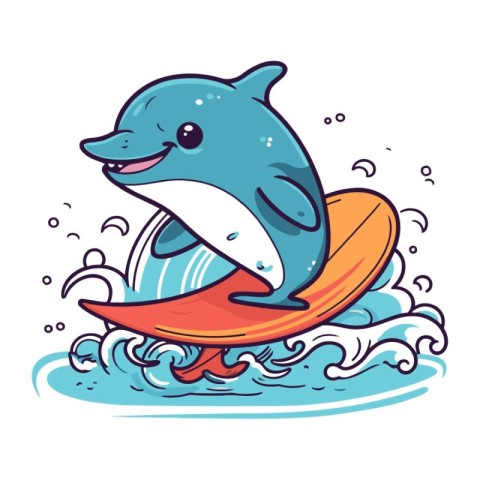 Vector illustration of a cute dolphin jumping out of the surfboa