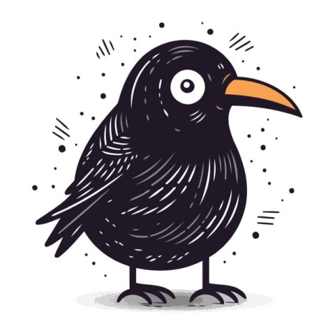 Cute black bird. Vector illustration isolated on a white backgro