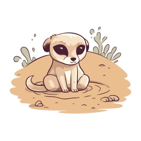 Cute cartoon meerkat sitting on the sand. Vector illustration.