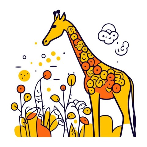 Giraffe vector illustration. Cartoon giraffe with flowers and pl