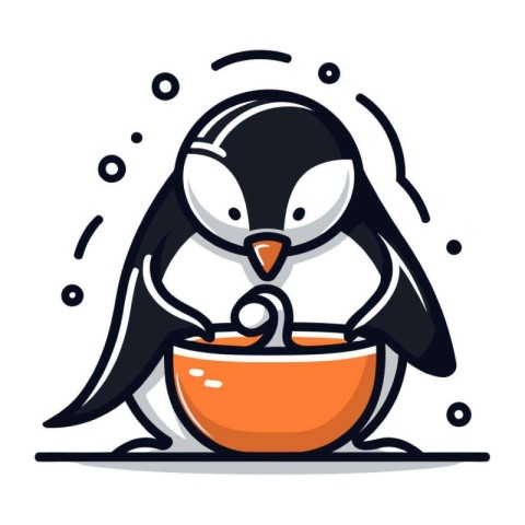 Cute penguin drinking water from a bowl. Vector illustration.