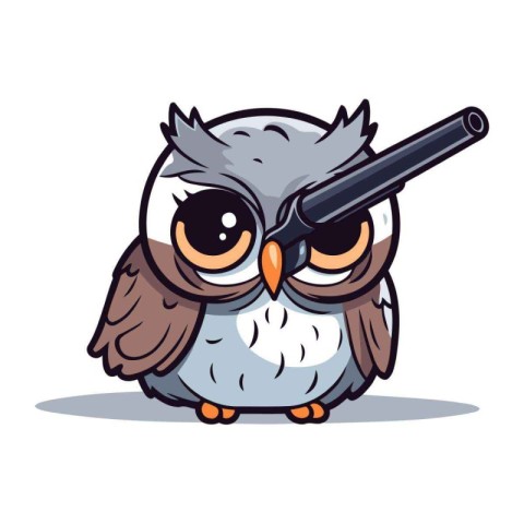 Owl with a gun in his hand. Cartoon vector illustration.