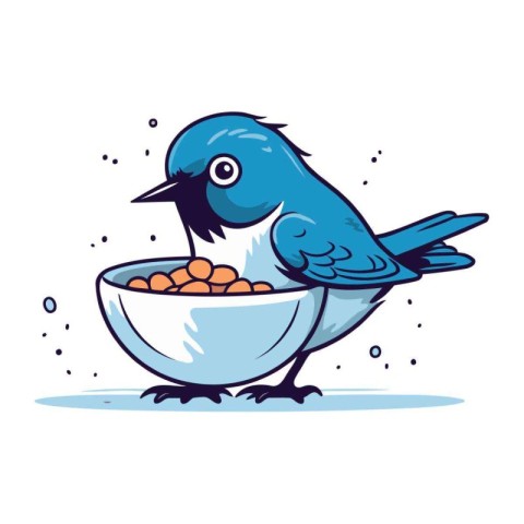 Blue bird eating from a bowl of cereals. Vector illustration.