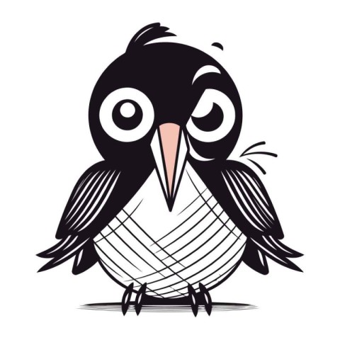 Cute cartoon black crow isolated on white background. Vector ill