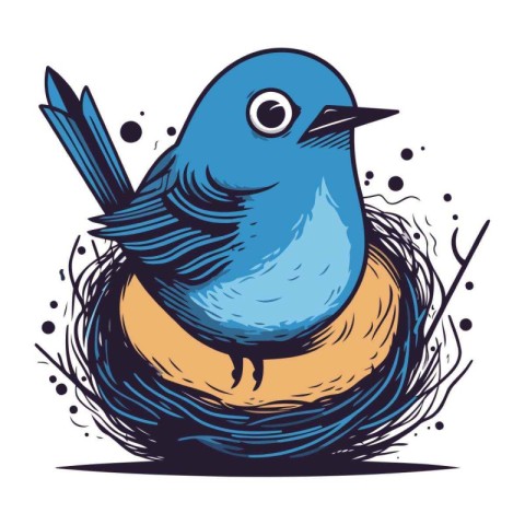 Vector illustration of a blue bird in a nest on a white backgrou