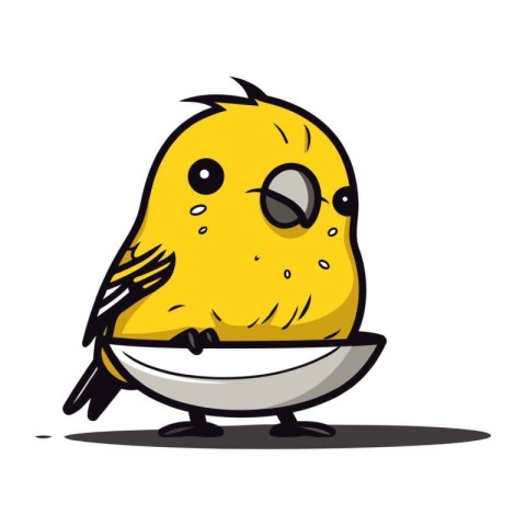 Cute cartoon yellow bird sitting on a plate. Vector illustration