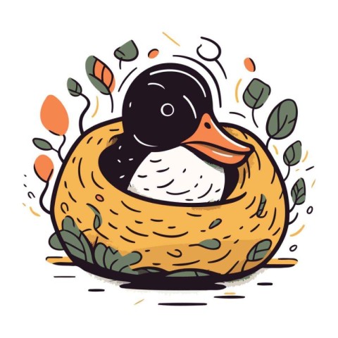 Hand drawn vector illustration of a cute duck in a nest with lea