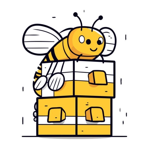 Cute cartoon bee building a house from cubes. Vector illustratio