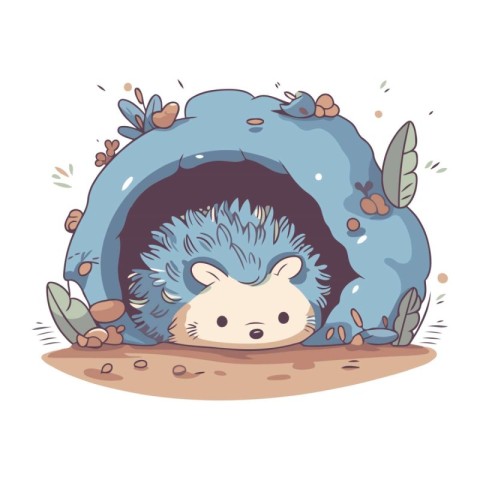 Cute cartoon hedgehog in a blue igloo. Vector illustration.