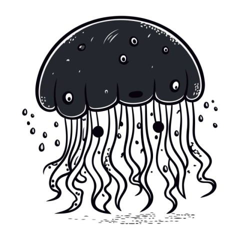 Jellyfish. Black and white vector illustration in doodle style.