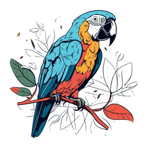 Parrot sitting on a branch. Vector illustration in sketch style.