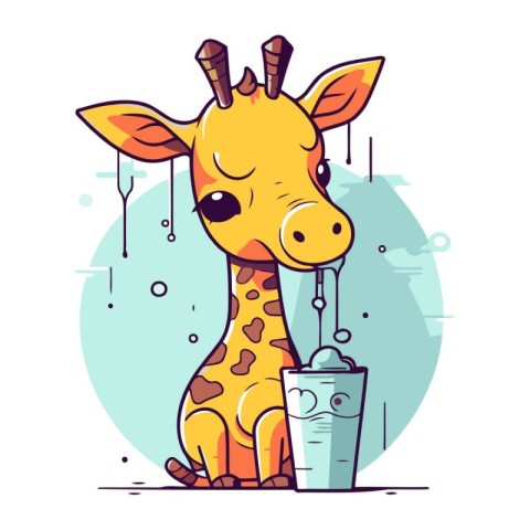 Cute giraffe drinking water. Vector illustration in cartoon styl