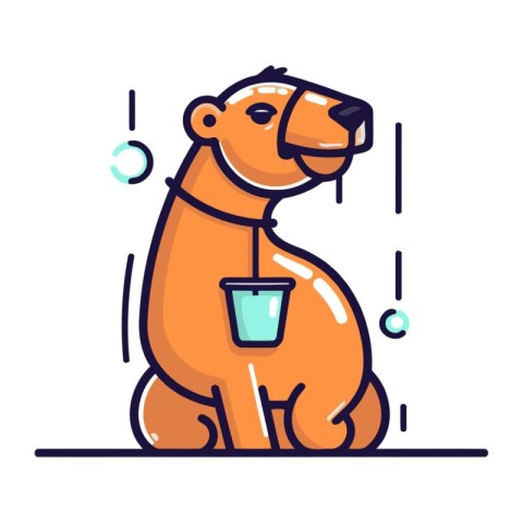 Cute cartoon bear drinking water. Vector illustration in thin li