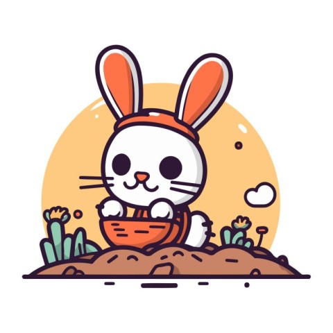 Cute bunny with basket of eggs in the garden. Vector illustratio