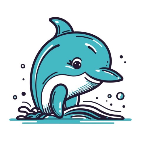 Cute cartoon dolphin jumping out of the water. vector illustrati