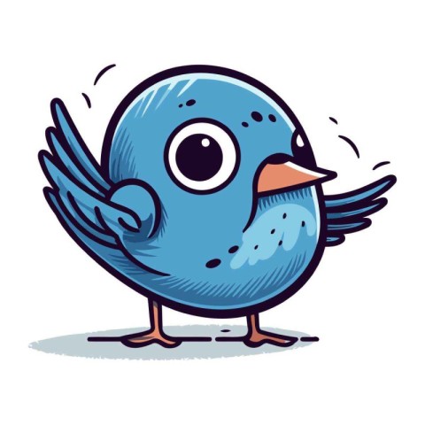 Cute blue bird with wings. Vector illustration in cartoon style.