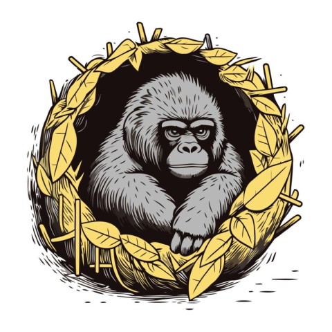 Gorilla in a wreath of leaves. Vector illustration.