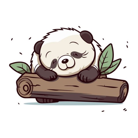 Panda sleeping on wooden log. Cute cartoon vector illustration.