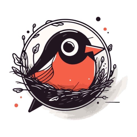 Hand drawn vector illustration of a cute little bullfinch in a n